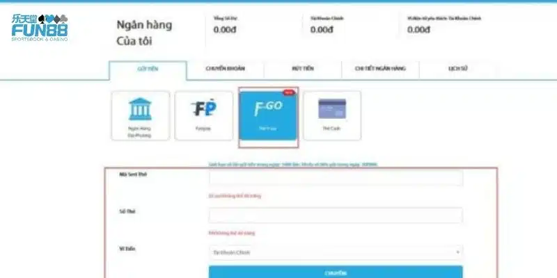 Biểu mẫu rút tiền Fun88 với các trường thông tin cần điền
